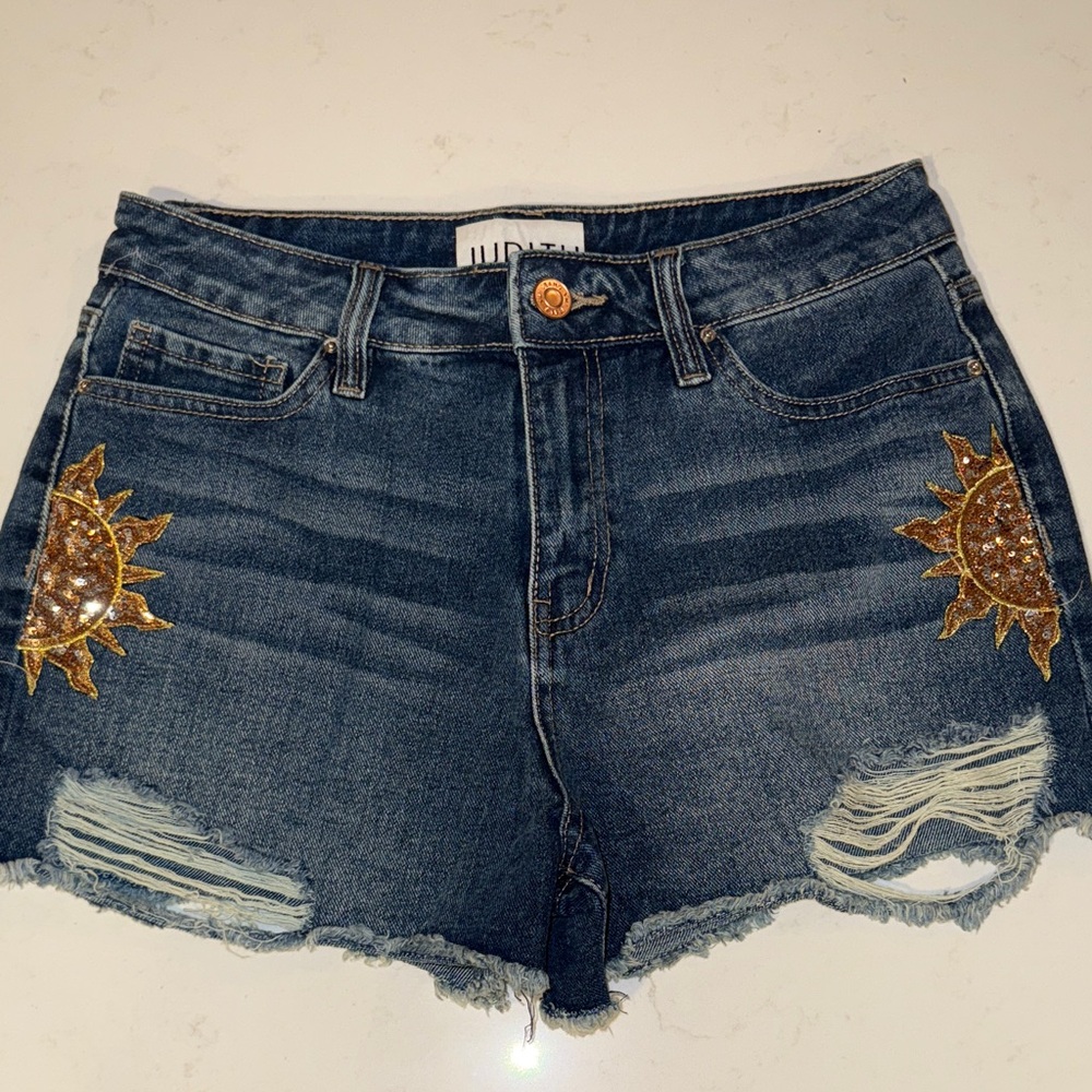 Judith March Denim Shorts with Gold Sun Details
